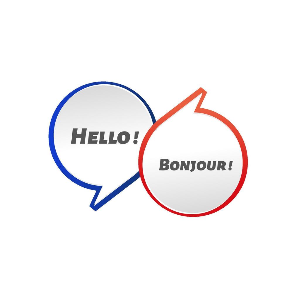 Interconnected Speech Bubbles Hello and Bonjour, Language, Communication, Greetings, International, vector