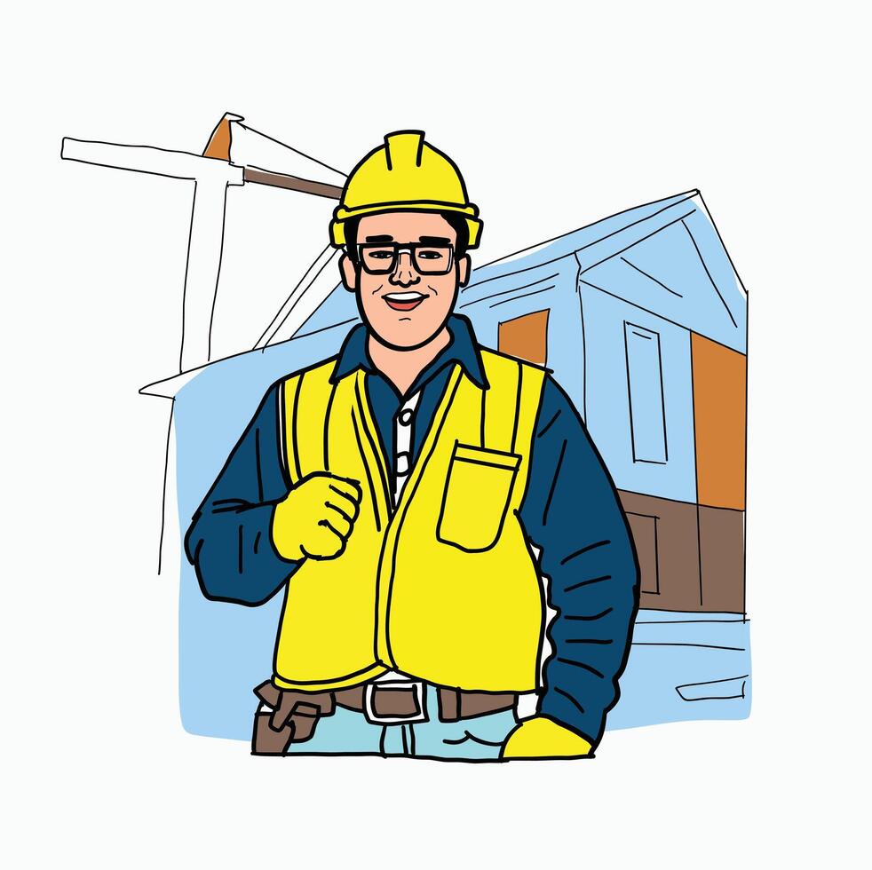 Building Construction worker. Construction site with architects and builders. Cartoon Style Illustration vector