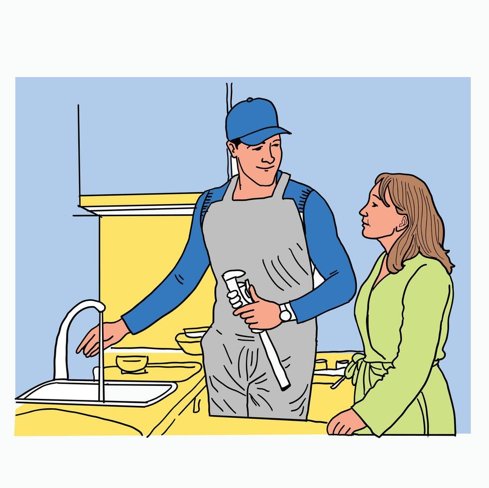 Housewife with emergency plumbing service while plumber fixes kitchen sink. Cartoon Style Illustration vector