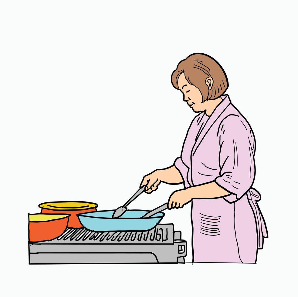 mother is cooking. wearing an apron and cooking in the kitchen. Cartoon Style Illustration vector