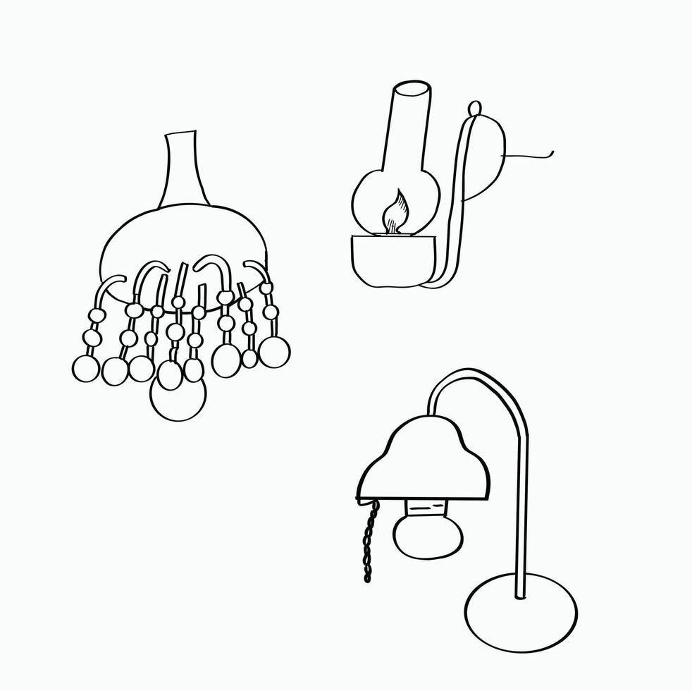 black and white line. various types of kerosene lamps, chandelier lamps, table lamps. Cartoon Style Illustration vector