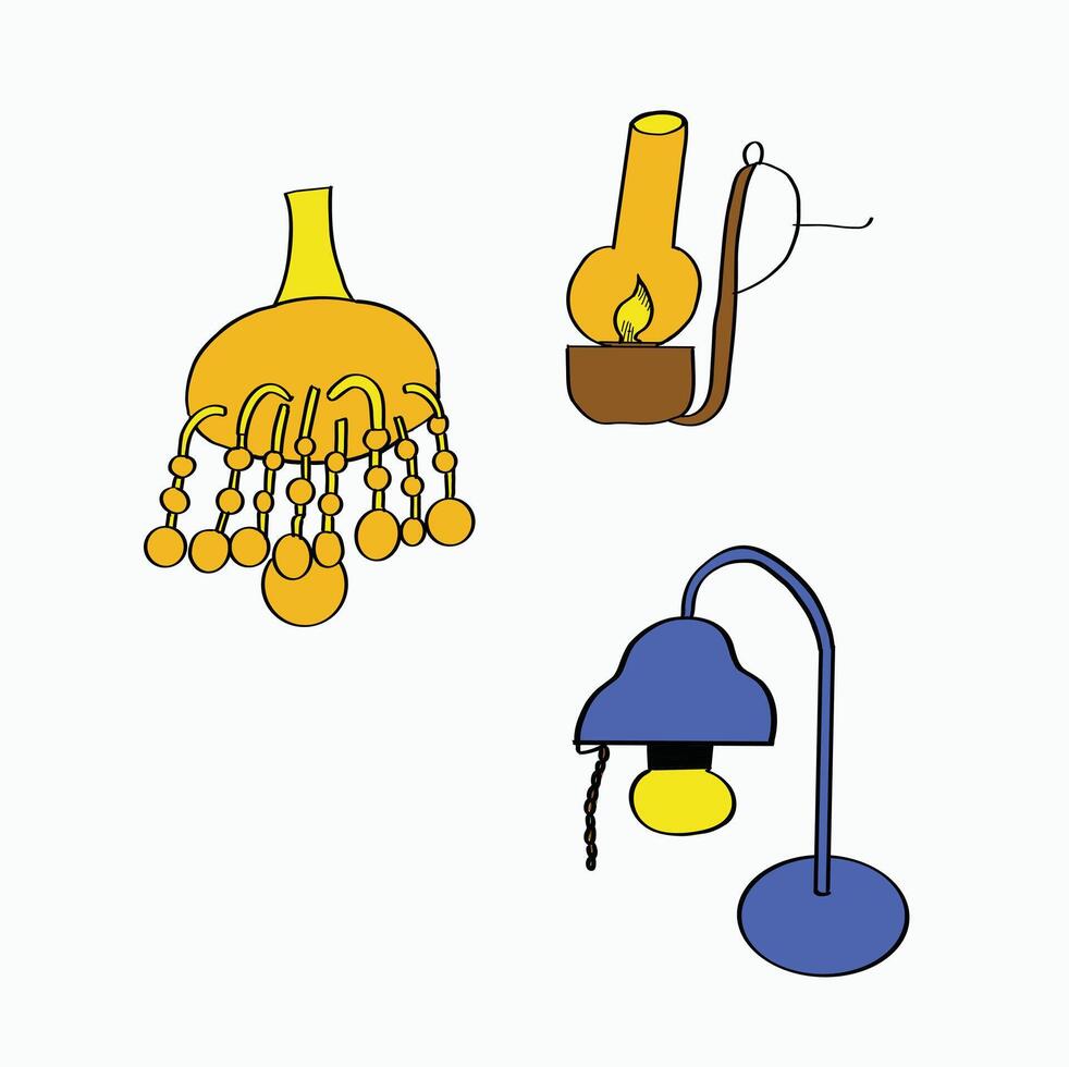 various types of kerosene lamps, chandelier lamps, table lamps. Cartoon Style Illustration vector