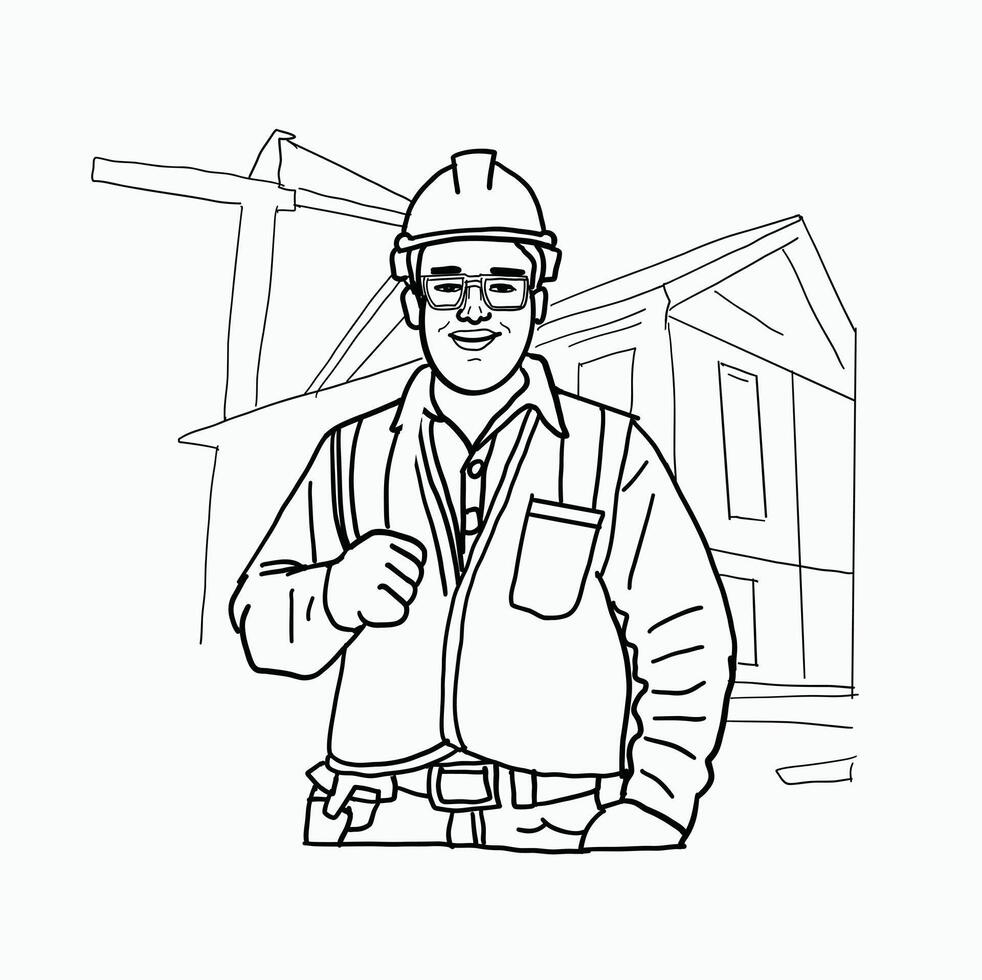 black and white line. Building Construction worker. Construction site with architects and builders. Cartoon Style Illustration vector