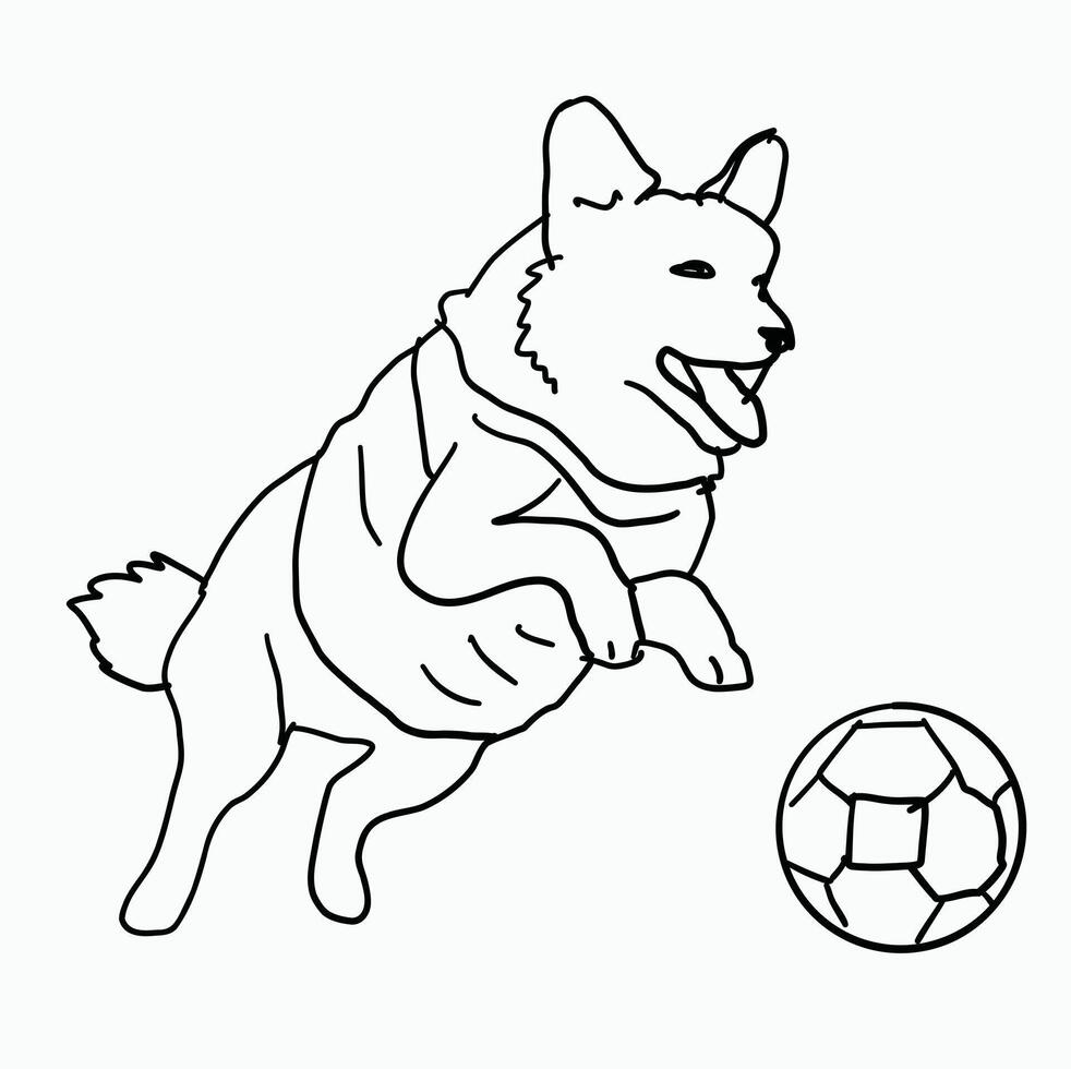 black and white line. dog playing football. dog chasing soccer ball. Cartoon Style Illustration vector