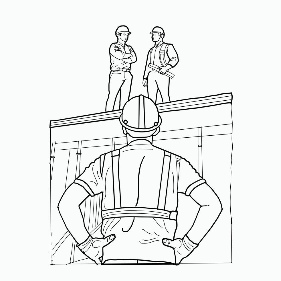 black and white line. worker teamwork Construction, Building under Construction, ,infographics Construction. Cartoon Style Illustration vector