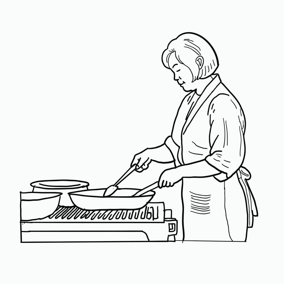black and white line. mother is cooking. wearing an apron and cooking in the kitchen. Cartoon Style Illustration vector