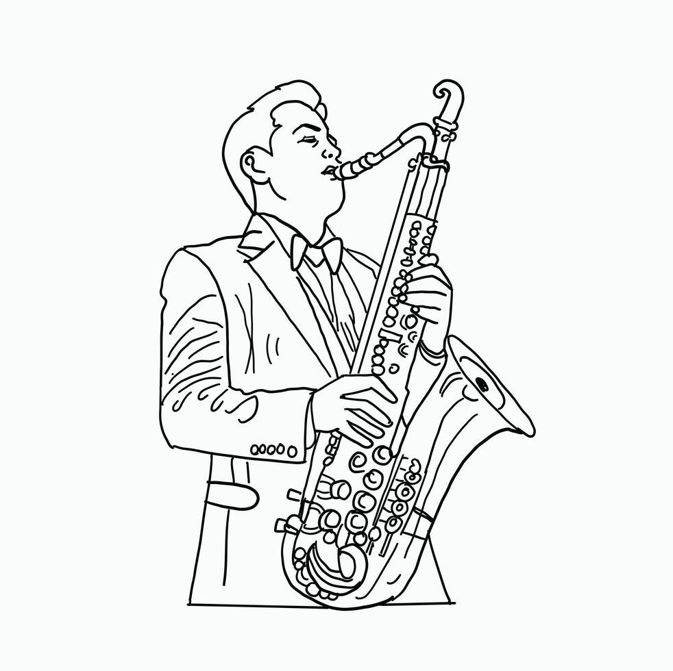 black and white line. man playing saxophone. Cartoon Style Illustration vector