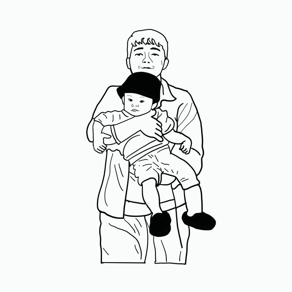 black and white line. father carrying his small child. Cartoon Style Illustration vector