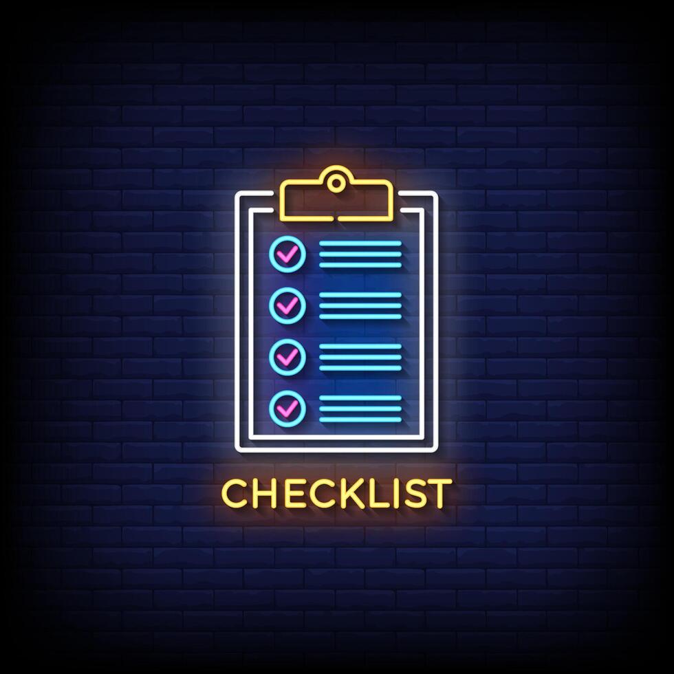 checklist neon sign with brick wall background vector