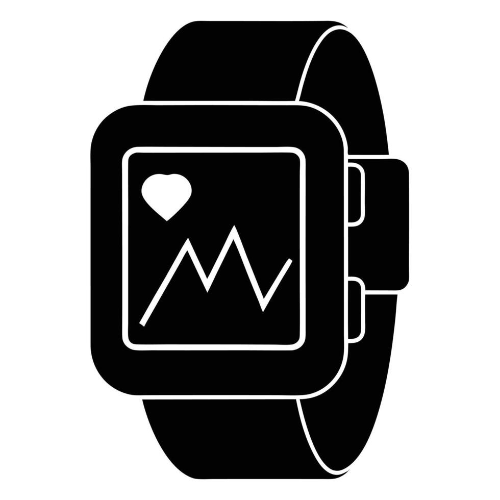 A black and white illustration of a watch with a heart vector