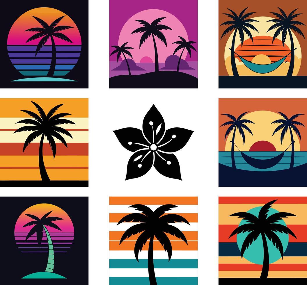 six set of beach, trees on the beach vector