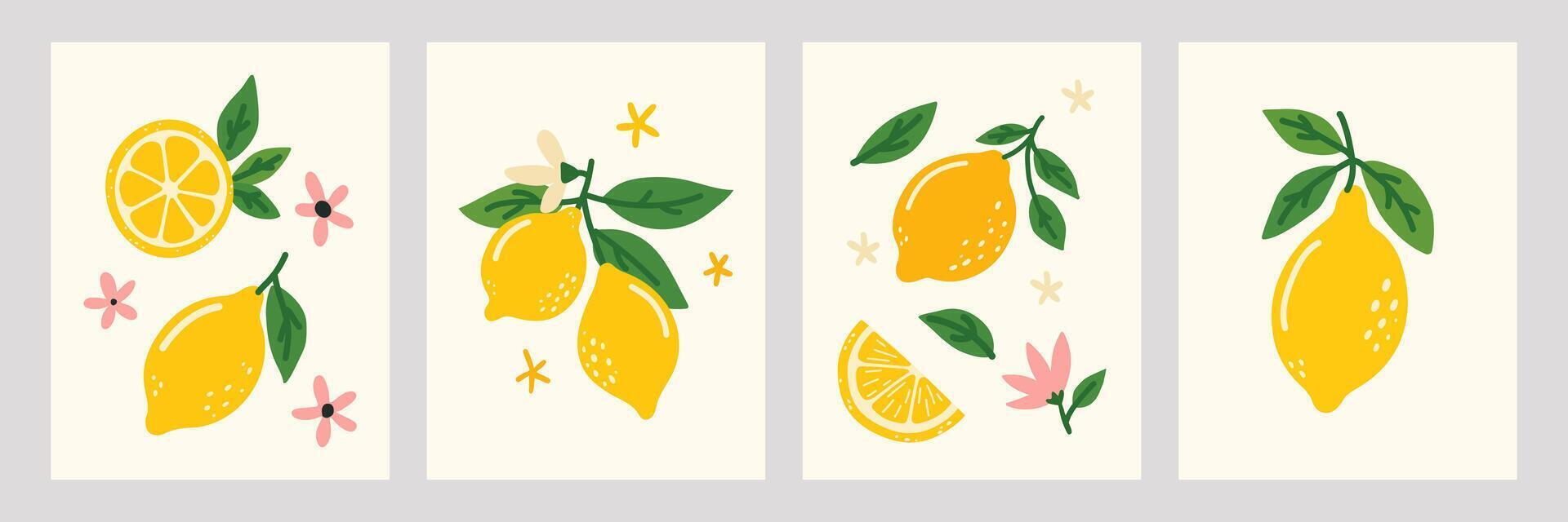 Set of colorful posters with hand drawn lemons, leaves and flowers. Dolce vita aesthetics. Perfect for designing postcards, banners, posters, menus, social media vector