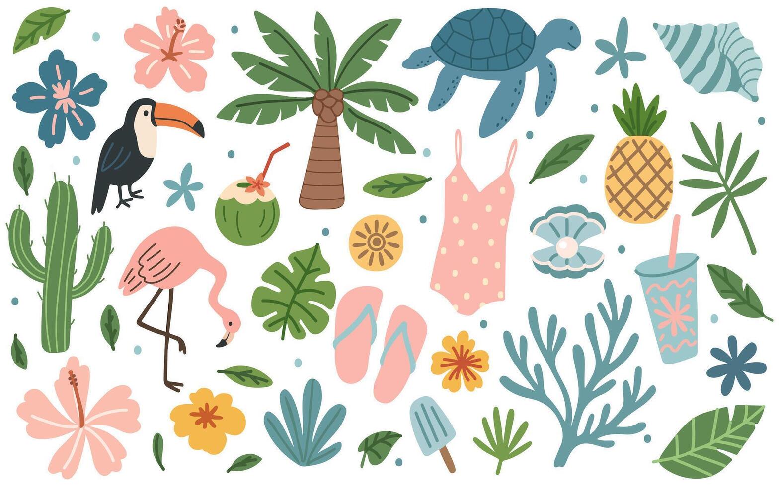 Set of summer illustrations on exotic theme. Beach sticker set. Palm trees, shells swimsuit, tropical leaves, parrots, flamingos, coconut, shells, flowers. Modern illustration in flat style vector