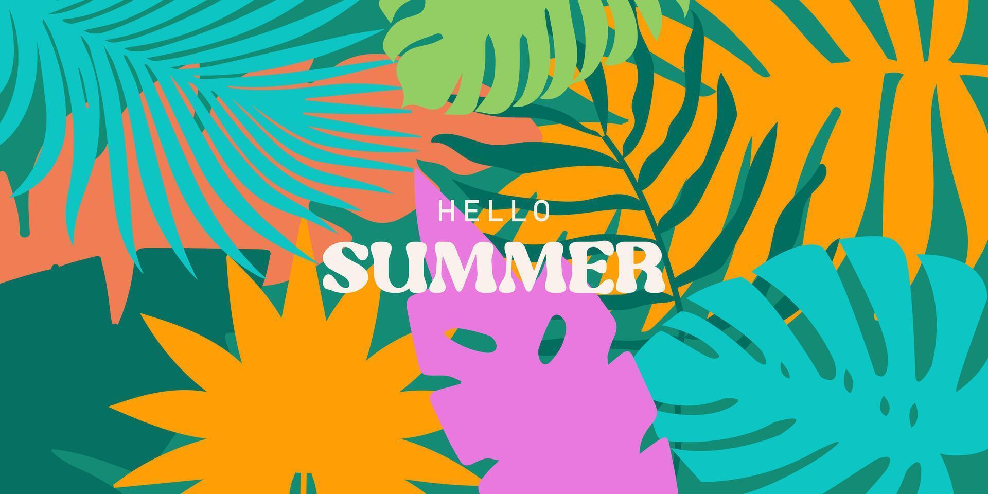 Summer colorful horizontal background with tropical leaves. Botanical jungle leaves and floral frame. Design template for discount, ad, branding, banner, cover, label, poster, sale. vector