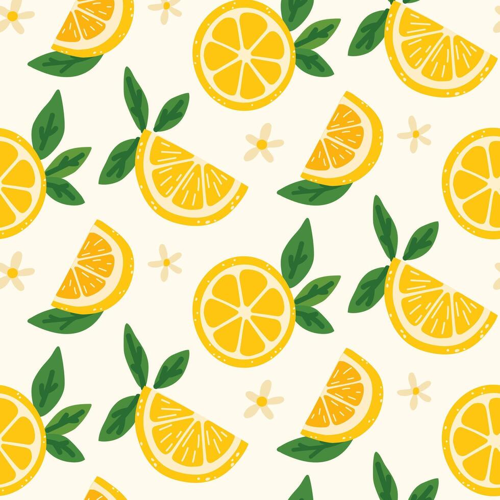 Lemon pattern in a fresh and summer style. Hand-drawn lemons with leaves and flowers. Perfect for packaging, textiles, backgrounds, wallpapers, cards, prints and decor. vector