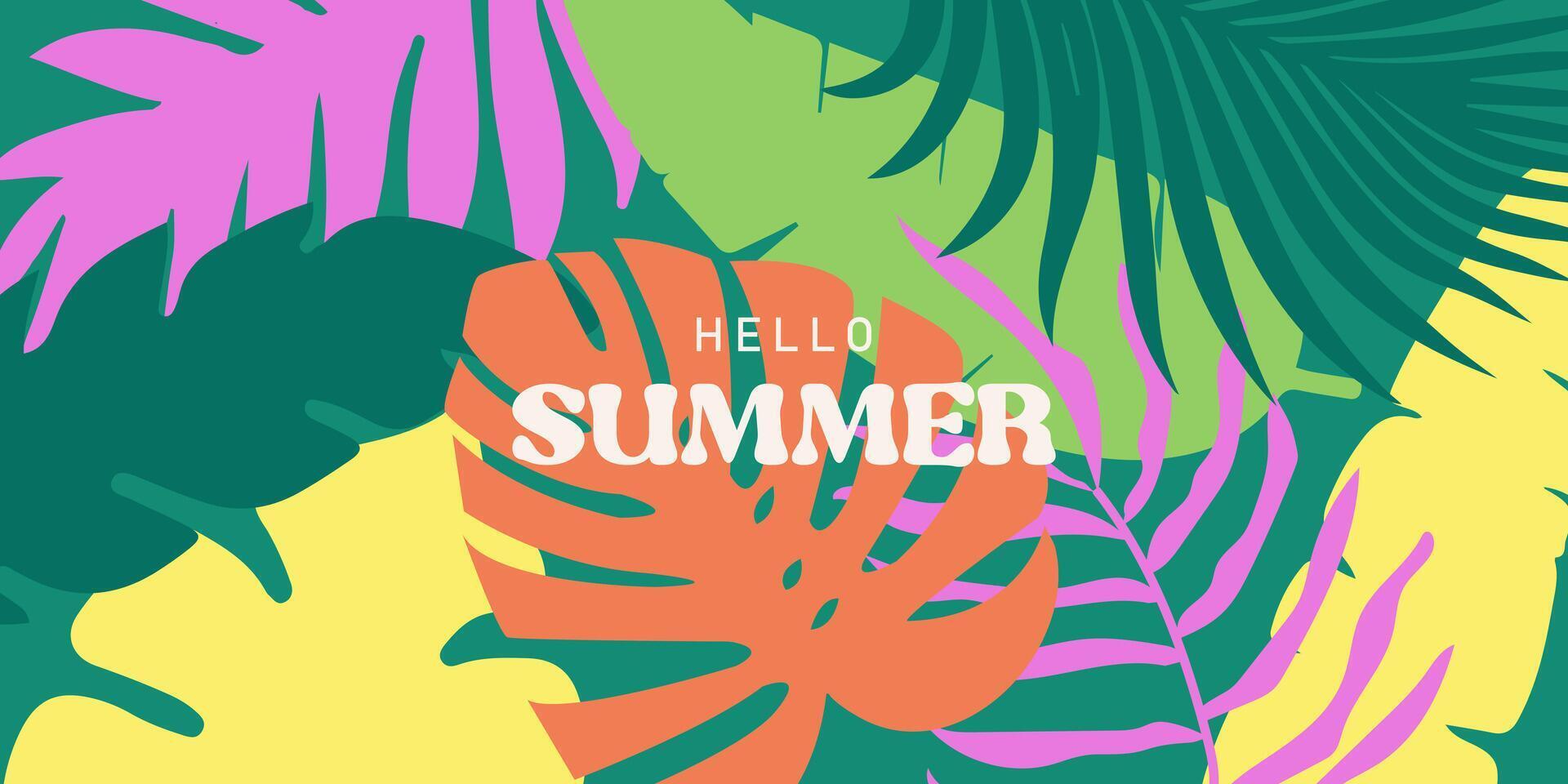 Summer colorful abstract background with tropical leaves. Botanical jungle leaves and floral frame. Design template for discount, ad, branding, banner, cover, label, poster, sale. vector