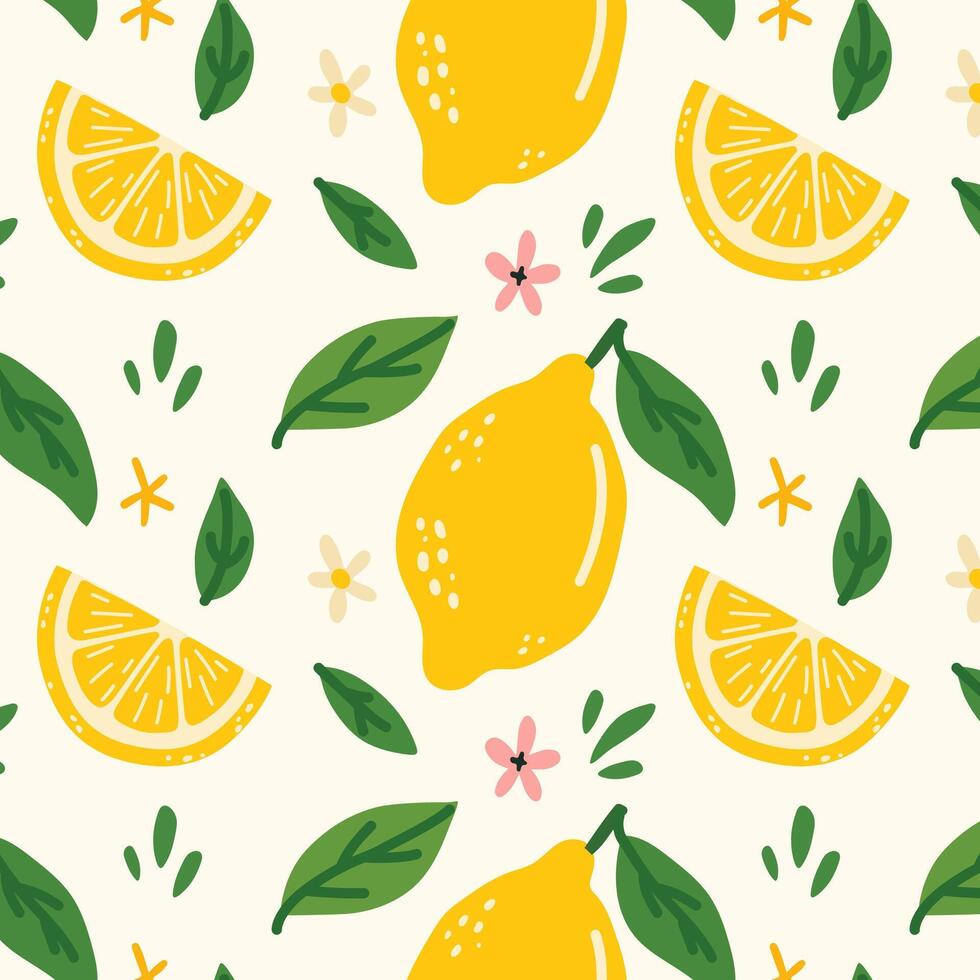 Lemon pattern in a fresh and summer style. Hand-drawn lemons with leaves and flowers. Perfect for packaging, textiles, backgrounds, cards, prints and decor. Citrus tropical fruits. vector