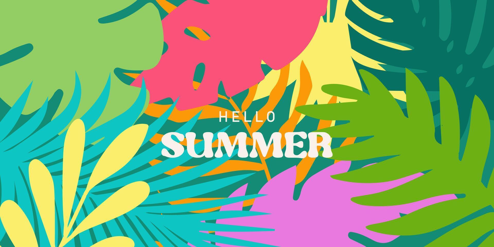 Summer colorful horizontal abstract background with tropical leaves. Botanical jungle leaves and floral frame. Design template for discount, ad, branding, banner, cover, label, poster, sale. vector