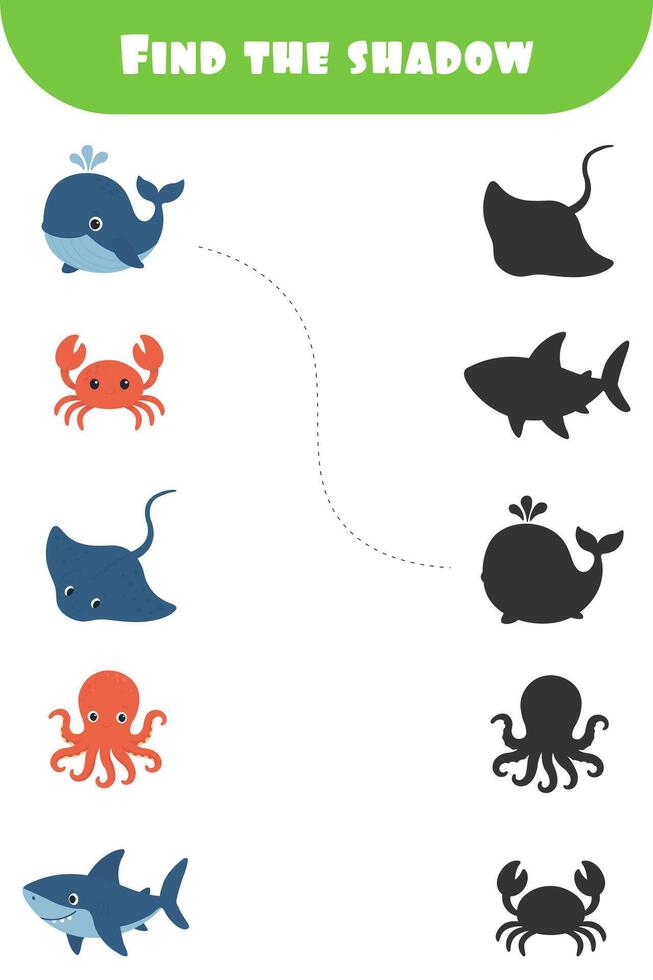 Find the shadow sea animals game. Matching marine creatures with shadows. Educational underwater puzzle for kids vector