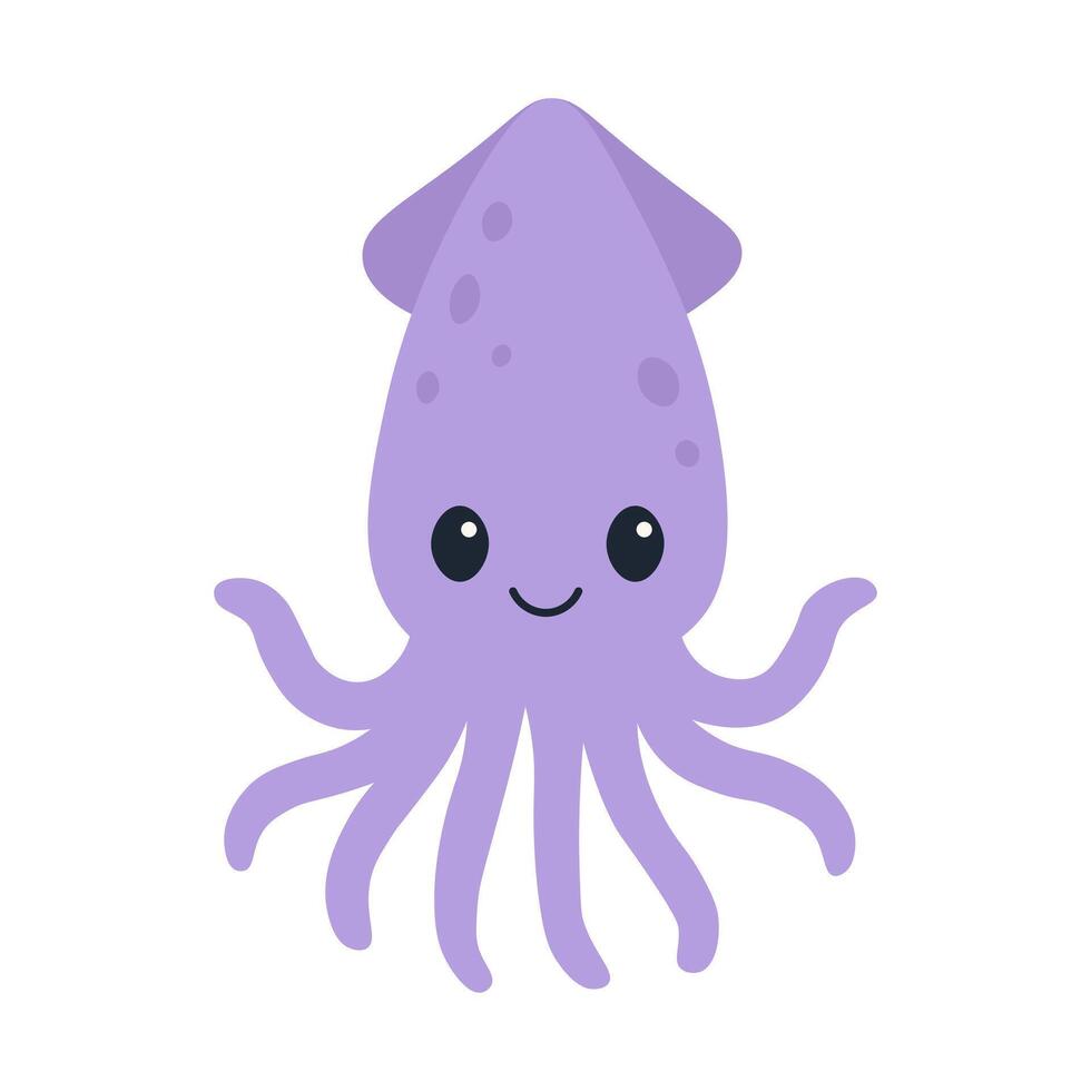 Cute purple squid cartoon character for kids. Smiling sea animal clipart. Funny ocean creature illustration. vector