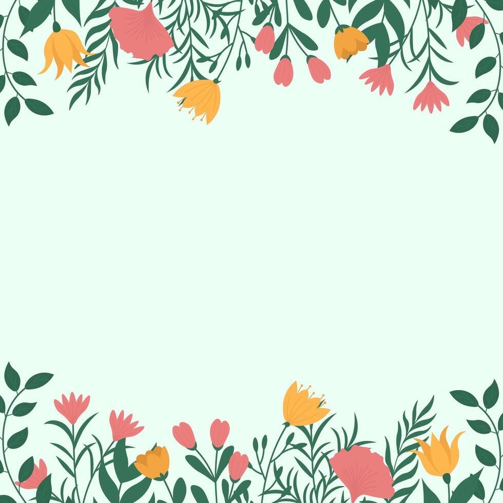Floral frame background with spring flowers and leaves. Floral border for invitation or greeting card. Botanical illustration with pastel colors. vector