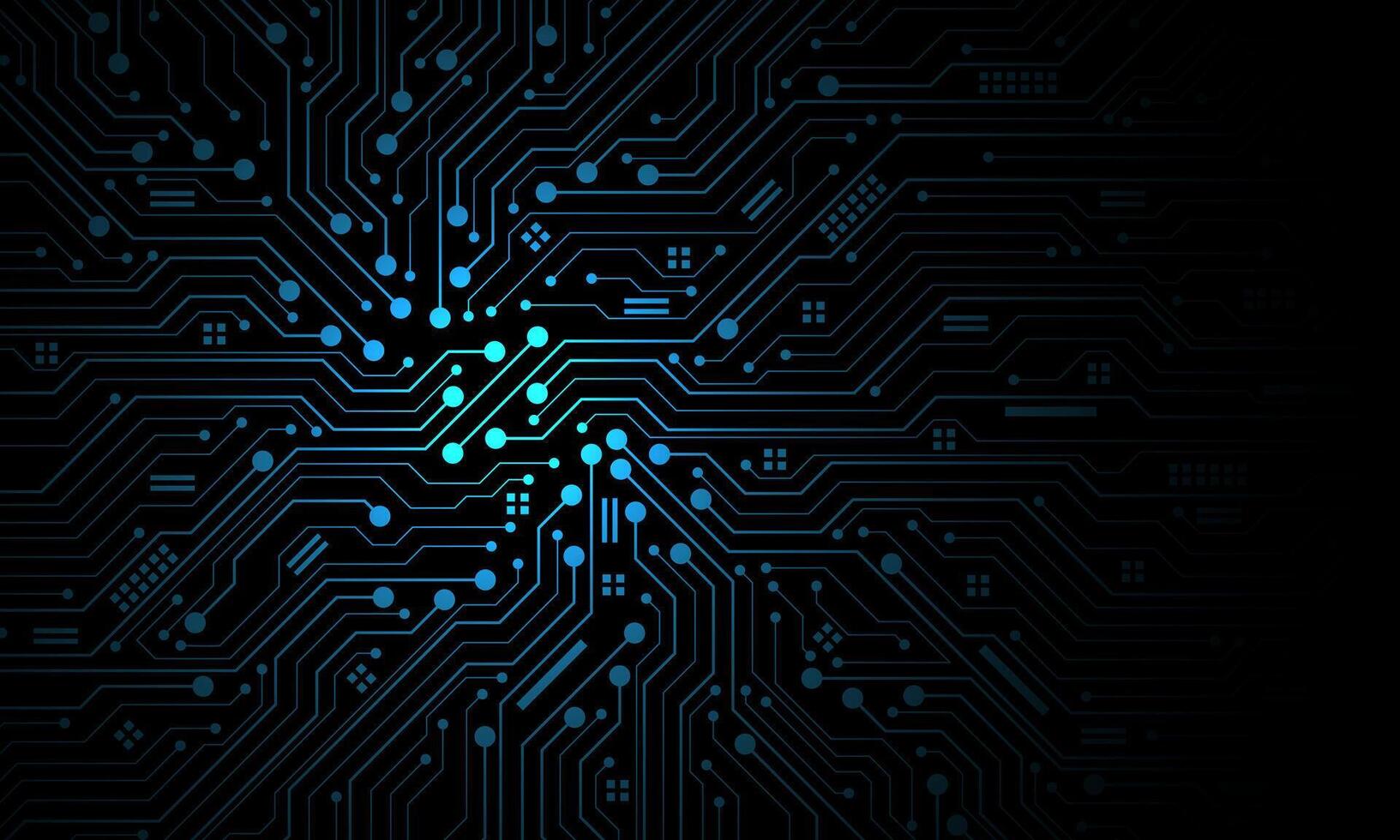 Abstract blue circuit board technology connected lines electronics elements computer motherboard chip processor semiconductor digital on black background vector