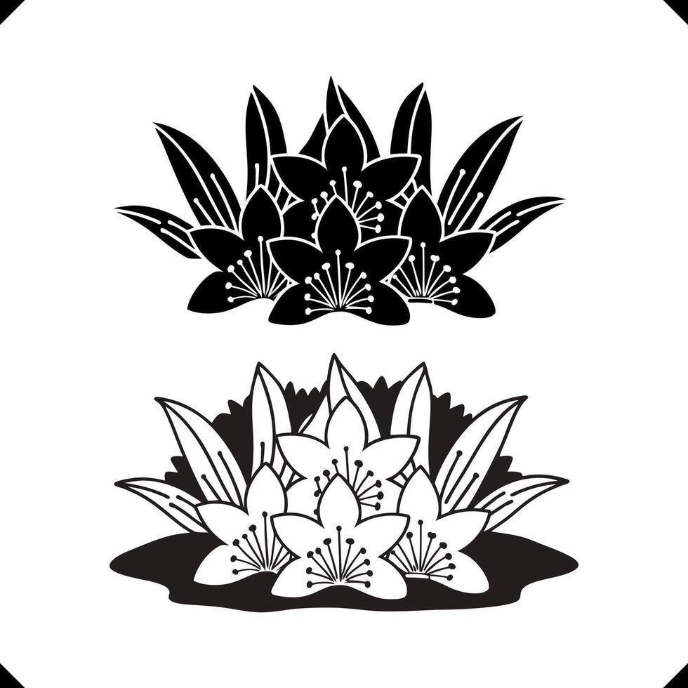 Two Nageshwar Flower - Layered Petal Structure, Slender Stem, and Elegant Leaf Arrangement in Intricate Line Art vector