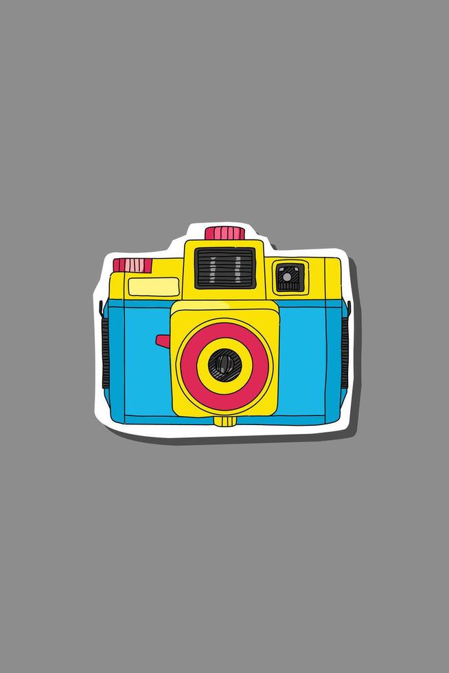 Blue yellow retro camera sticker cute doodle on grey vector