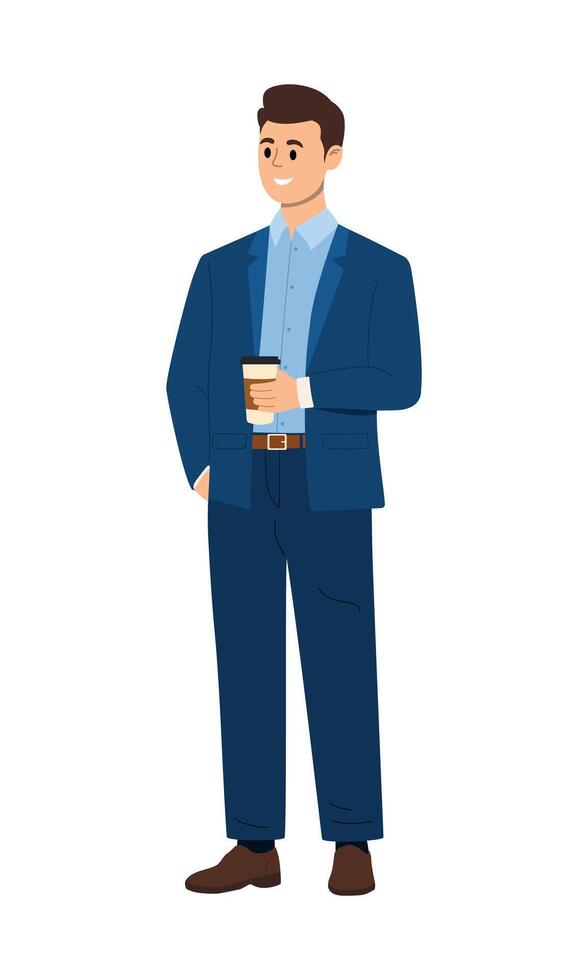 Smiling businessman in blue suit with a coffee cup vector
