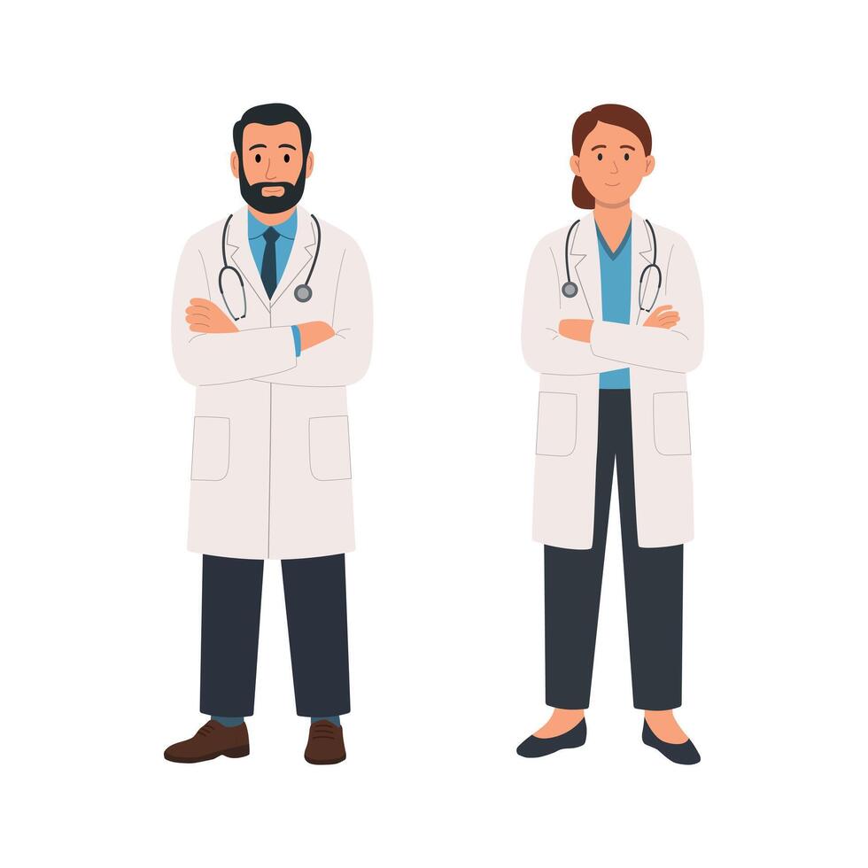 Doctors man and a woman in white medical coats stand with their arms crossed. They are exuding warmth and positivity vector