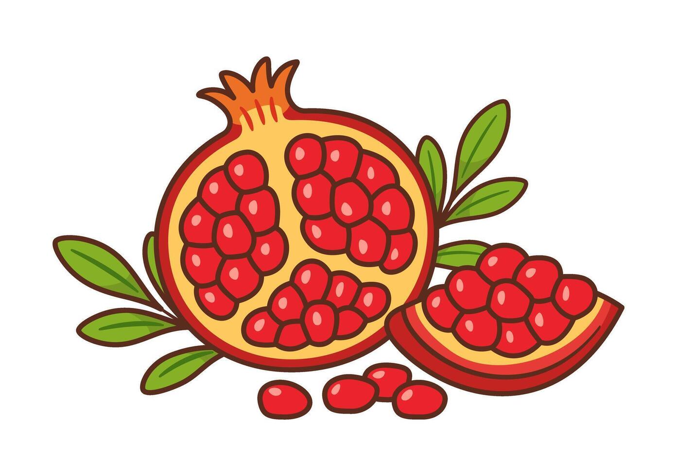 Pomegranate fruit, halved with grains and green leaves. Hand drawn Flat style. For food packaging, healthy food promotions, recipe books, nutrition blogs, product labels, menu and seasonal designs. vector