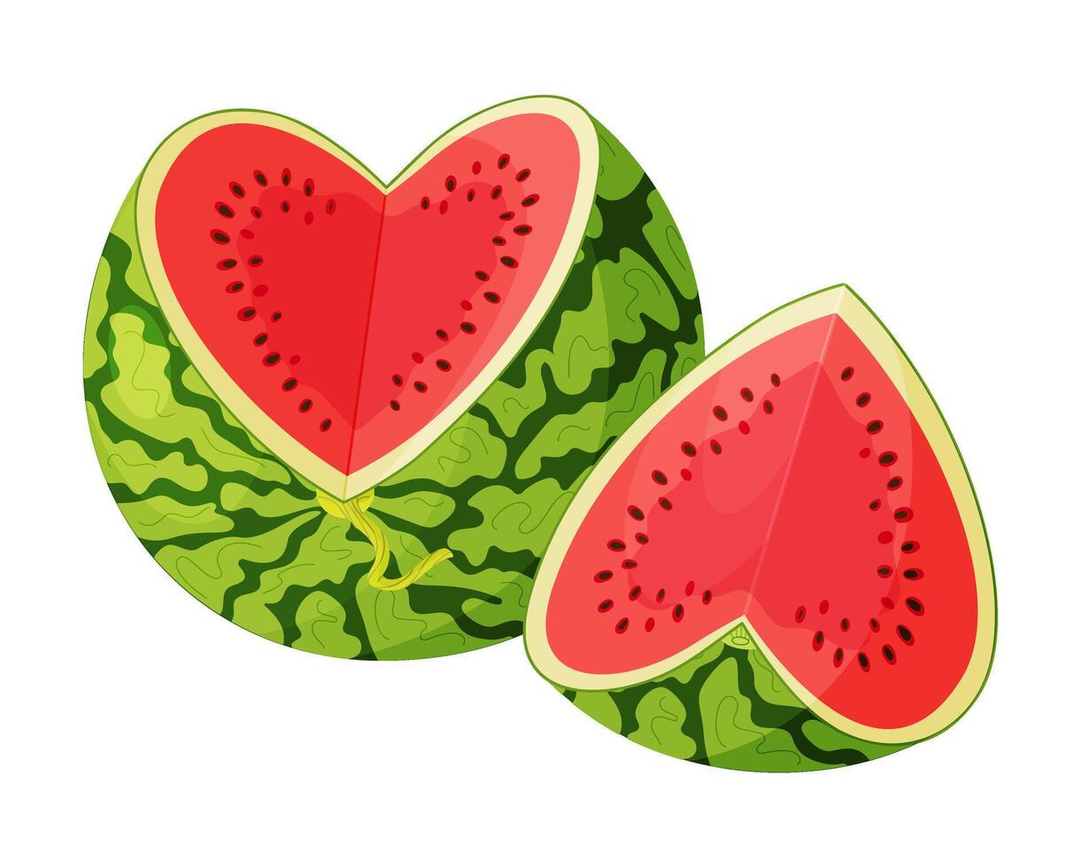 Watermelon cut into heart shape and watermelon slice. Botanical fruit berry composition. Hand drawn trendy flat style isolated on transparent background for card design, print, banner, packaging label vector