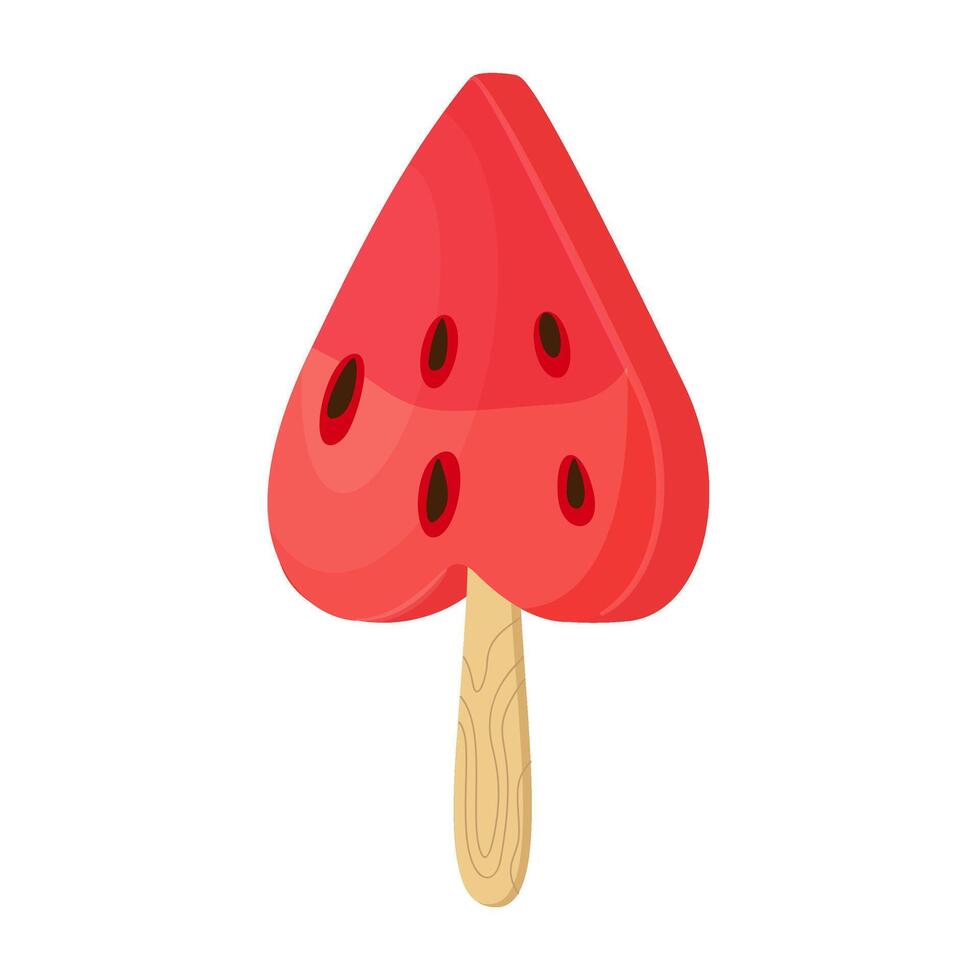 Heart shaped watermelon slice on stick. Red watermelon. Hand drawn trendy flat style isolated icon on transparent background. three watermelon segments. For card, print, banner, packaging, label vector