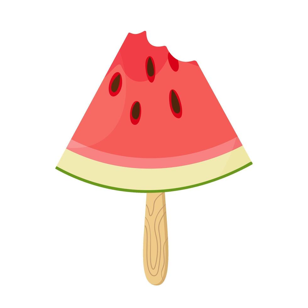 Bitten Watermelon Slice on Stick. Ripe red watermelon. Hand drawn trendy flat style isolated icon on transparent background. three watermelon segments. For card design, print, banner, packaging, label vector