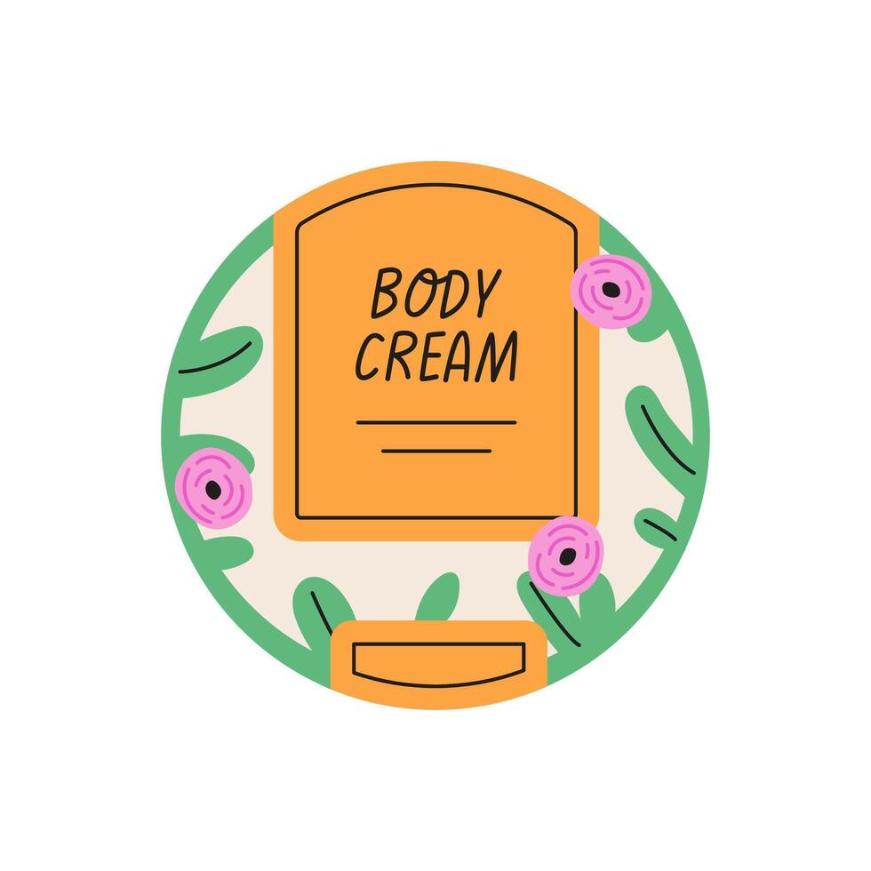 Body cream in round packaging with flowers. Flat illustration isolated on white background. vector