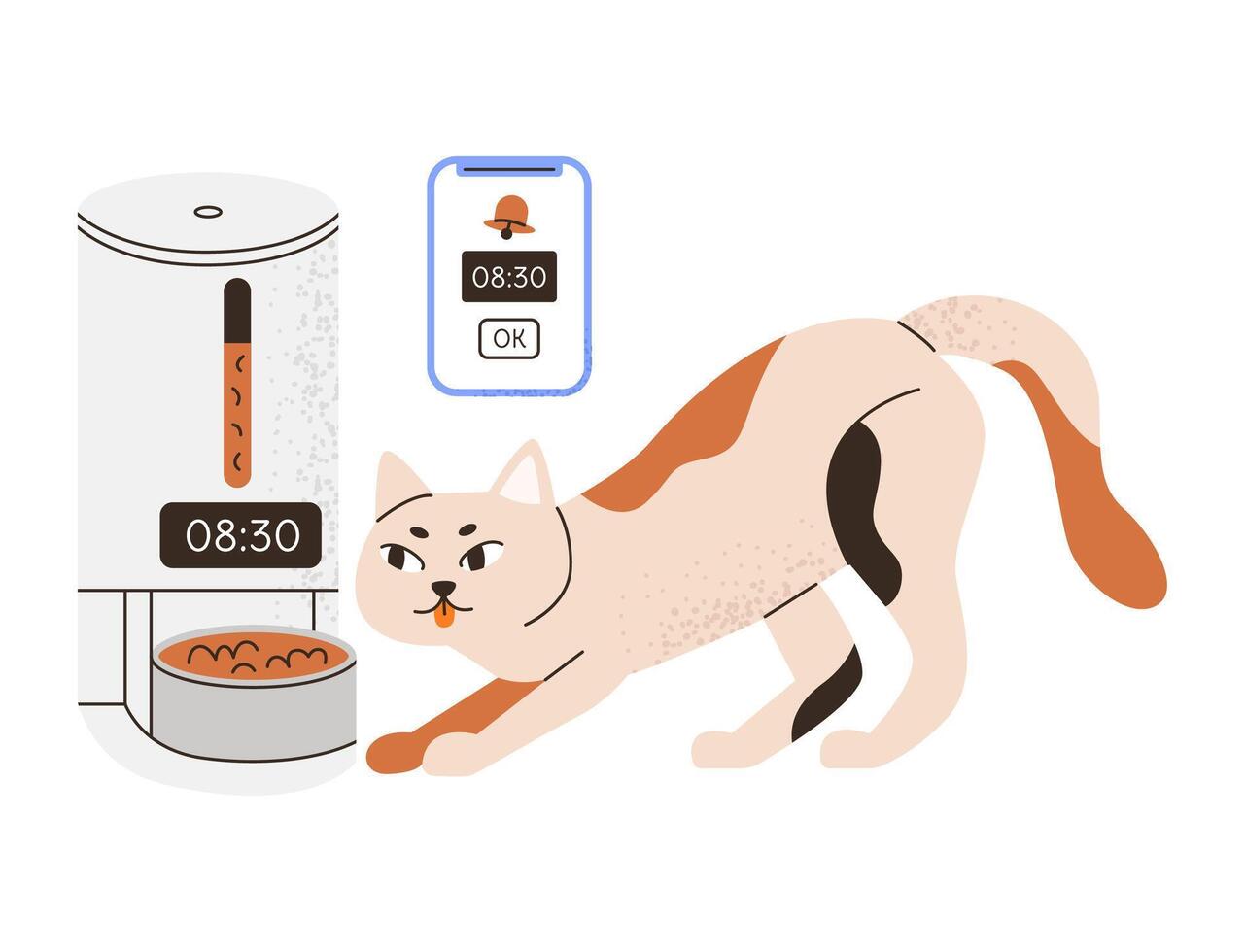 Smart automatic cat feeder with WiFi control. Remote feeding App. Pet modern feeding station. Pet with electronic device. Flat illustration isolated on white background. vector