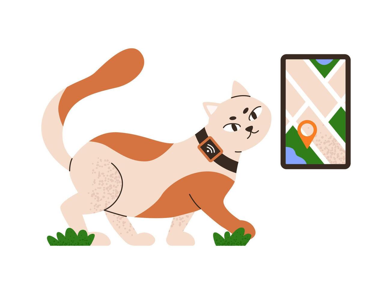 Cat in collar with wireless gps tracker. Ideal for walking and outdoor activity. Pet with electronic device. Smartphone with tracking app. Flat illustration isolated on white background. vector