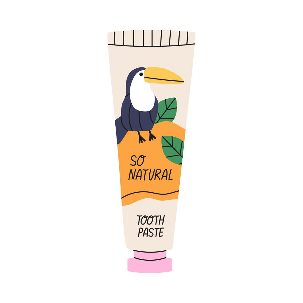 Childrens toothpaste with a toucan on the package. Flat illustration isolated on white background. vector
