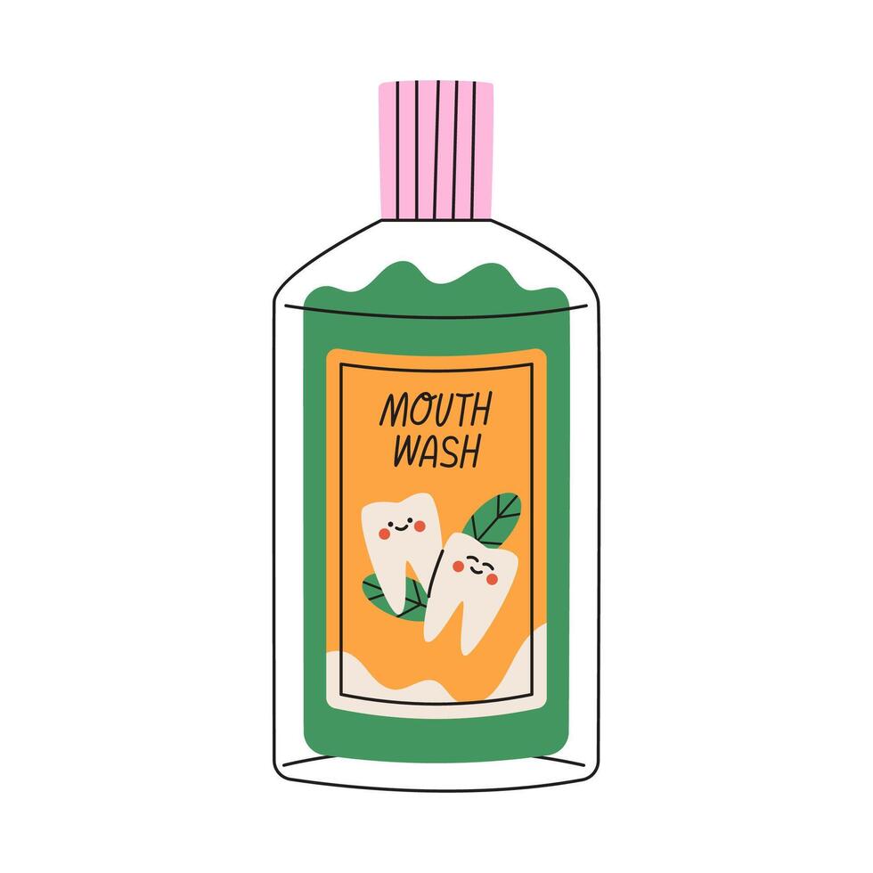 Rinserticator for the mouth in a bottle. Packaging with cute teeth. Flat illustration isolated on white background. vector