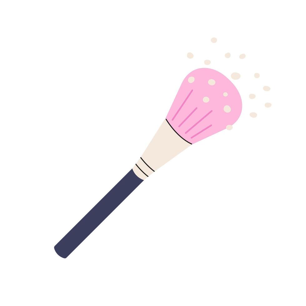 illustration of a cosmetic brush with powder particles. Essential beauty tool for face makeup application. Flat design isolated on white background. vector