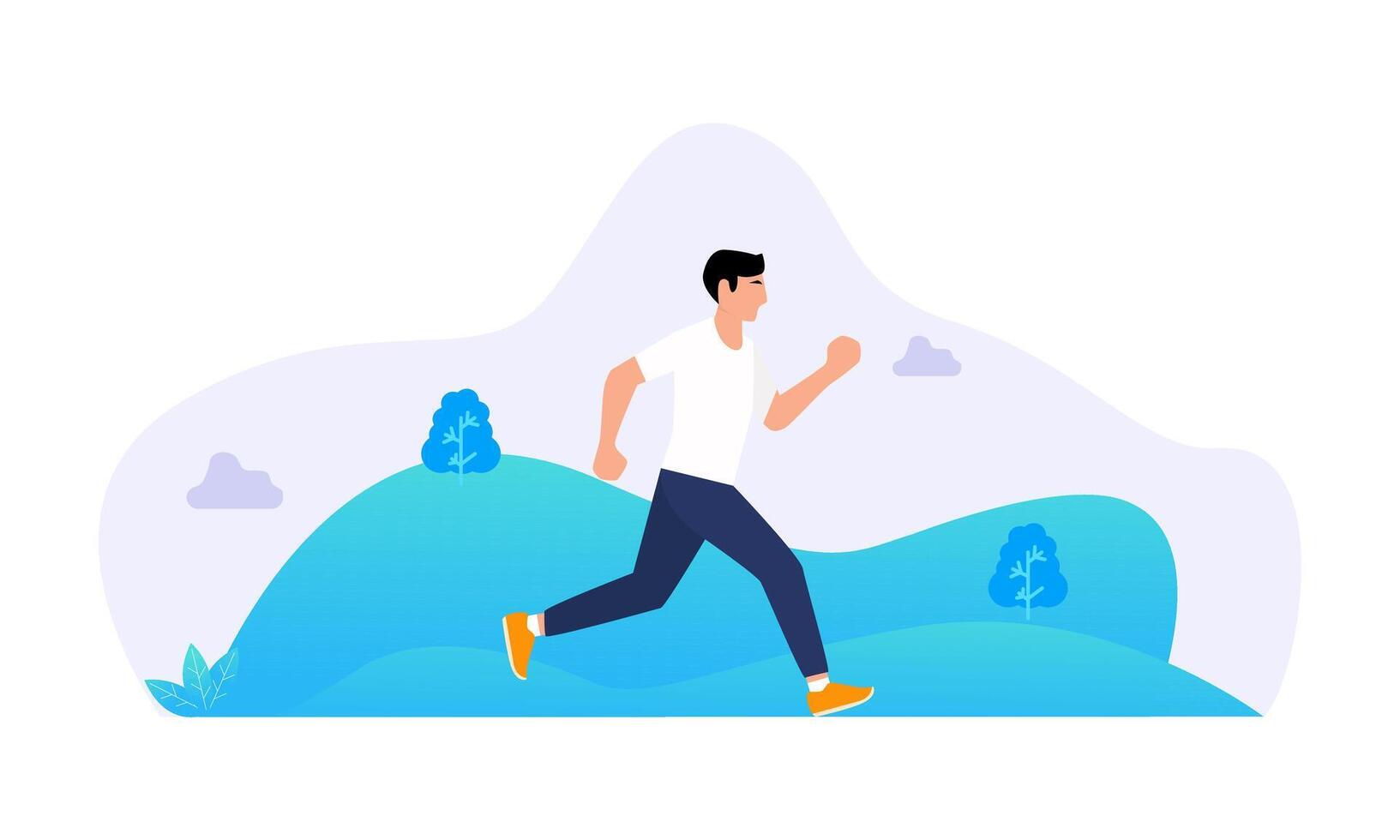 flat illustration showing a person jogging and running leisurely while enjoying the scenery. vector