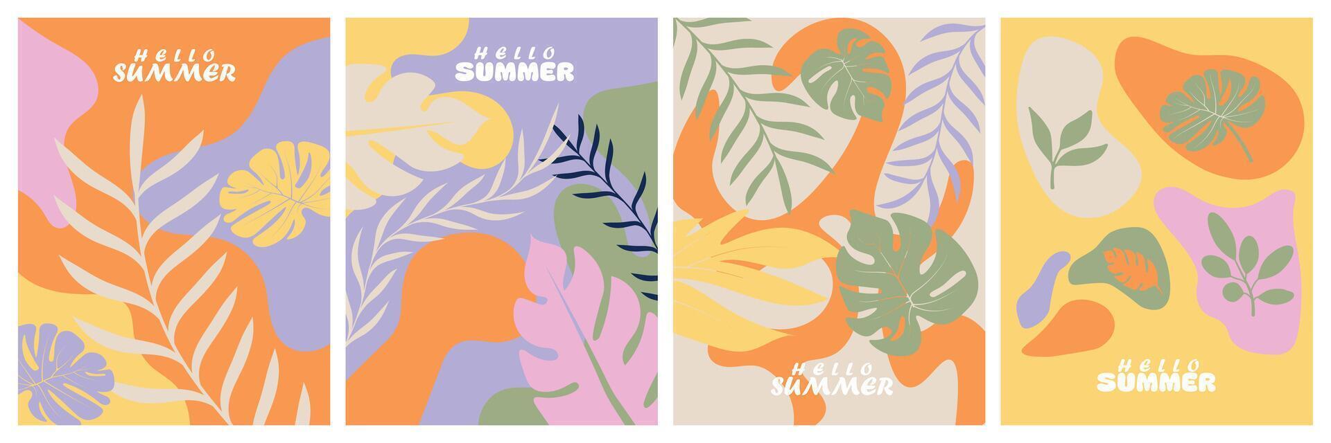 Minimal summer greeting card set with leaves floral art, Perfect for ads, posters, labels branding templates vector