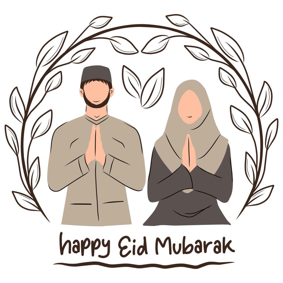 Poster illustration of Moslem, Muslim couple celebrated Eid Mubarak with minimal floral frame, Islamic holiday greeting card, happy eid mubarak. vector