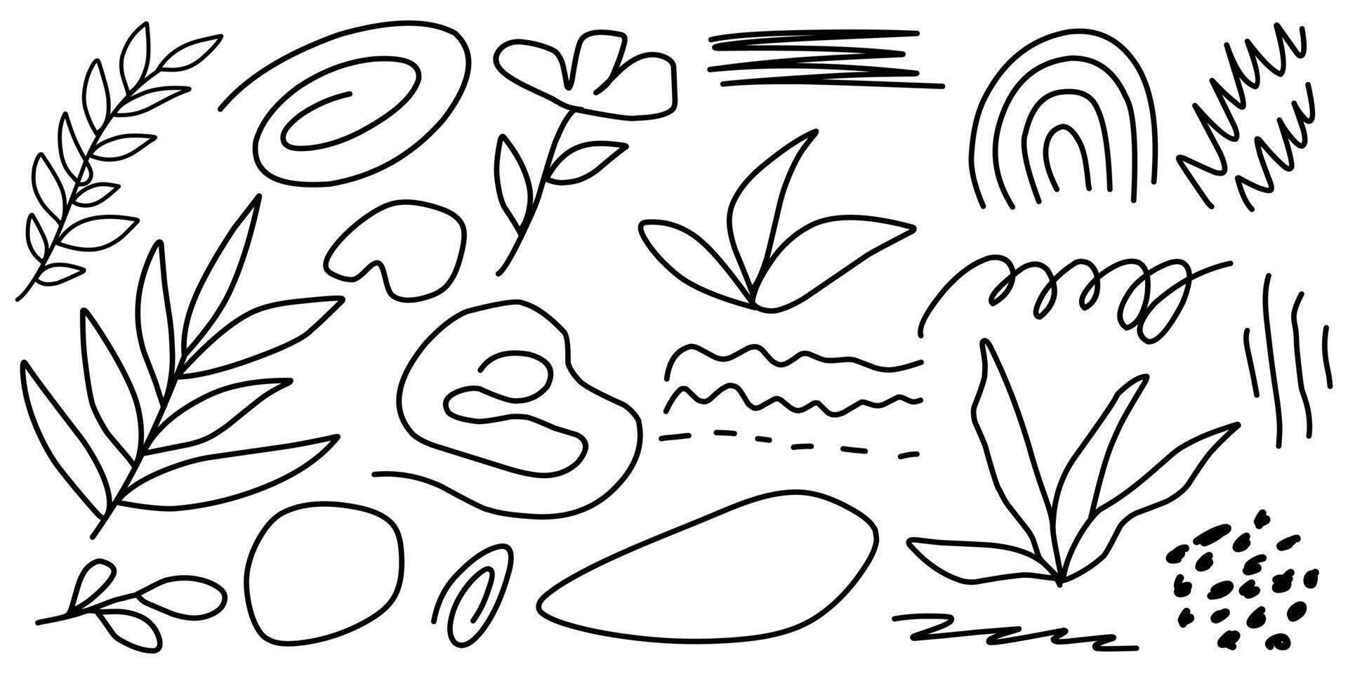 Minimalist abstract nature illustration set, scribble doodle elements line art. vector