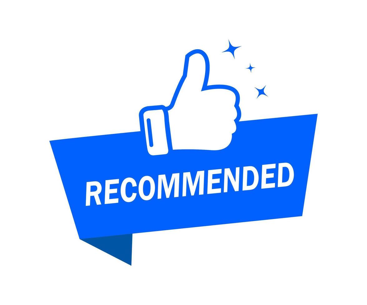 Recommended banner with thumb up sign. blue thumb up like button. vector