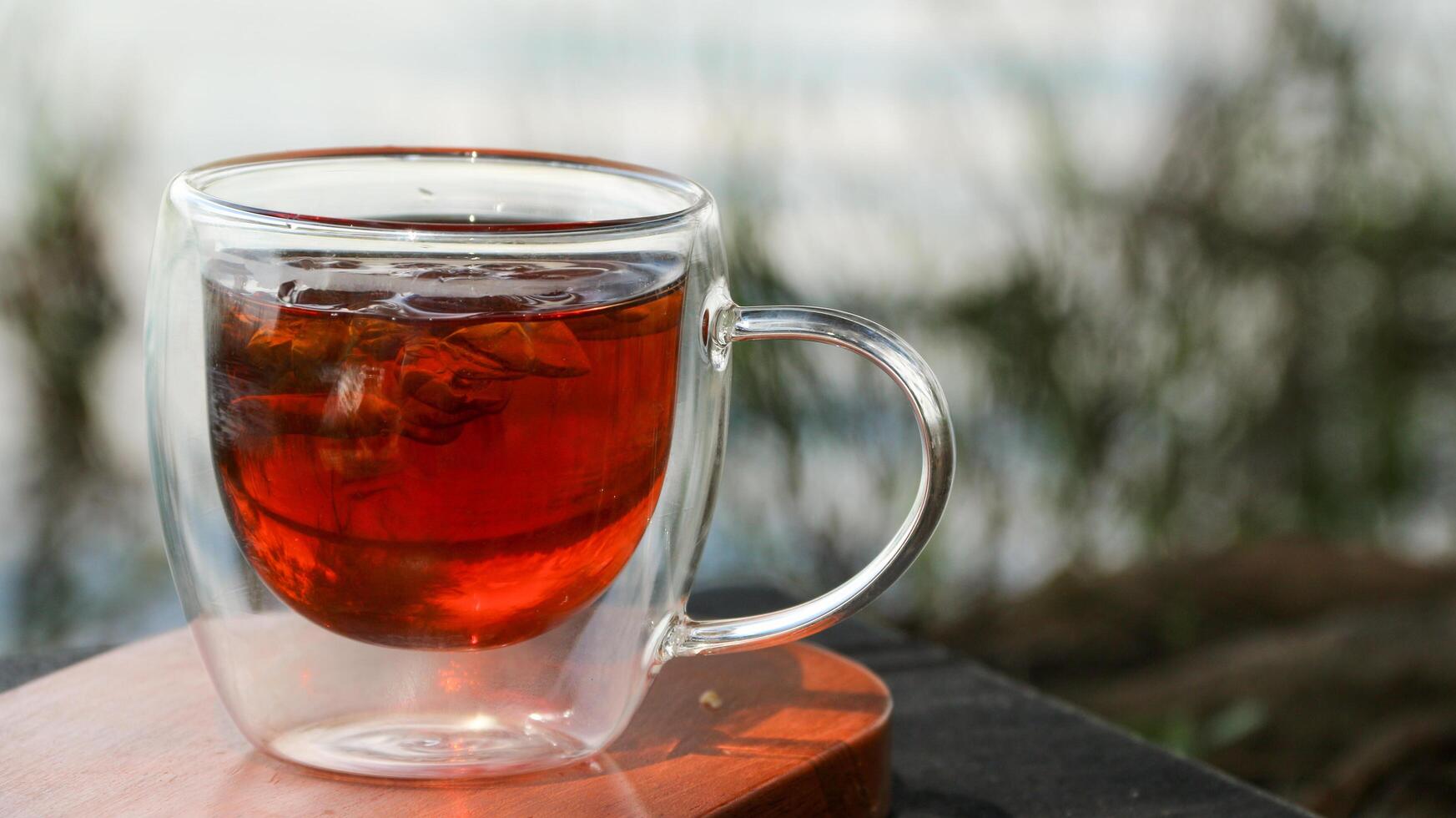 A cup of iced tea and aromatics with a blurred natural garden background, photo