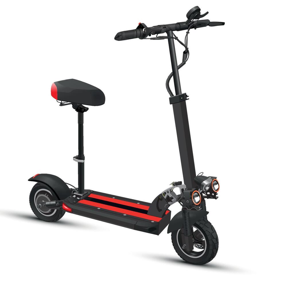 Modern black and red electric scooter with seat dual headlight and suspension isolated on white vector