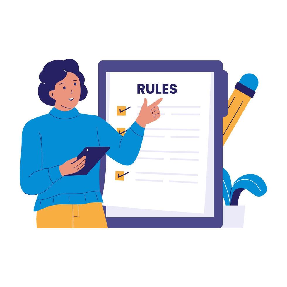 Rules Concept Illustration with Woman Holding Tablet and Pointing at Checklist vector