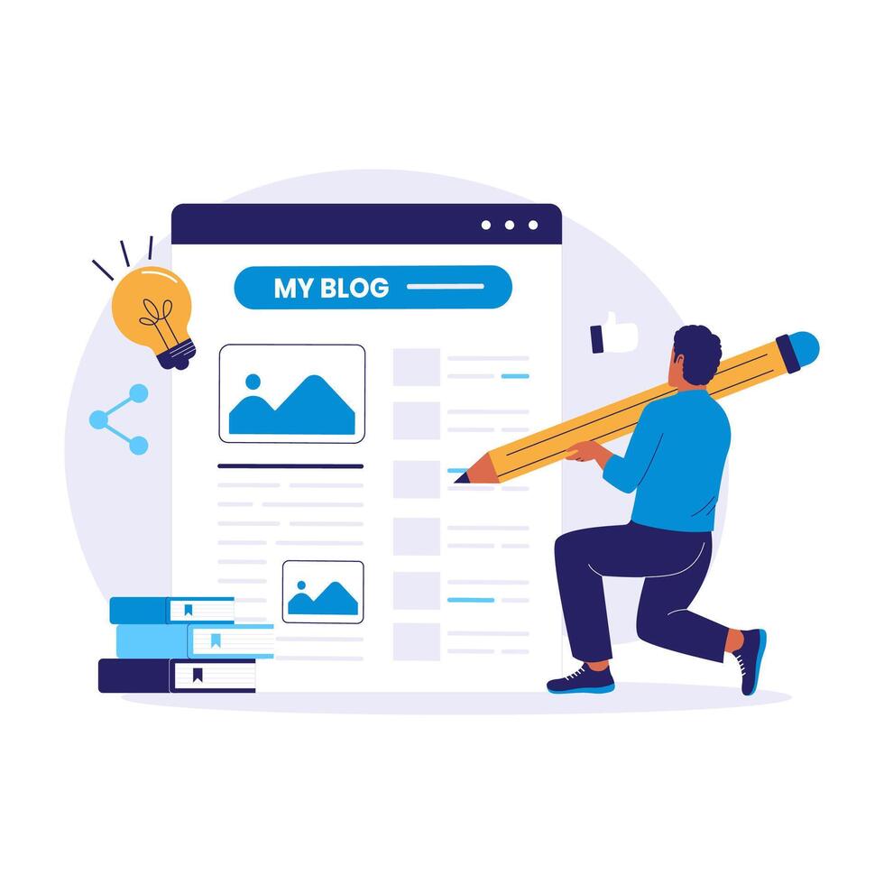 Blogging Illustration of Man Writing Blog Content with Pencil vector