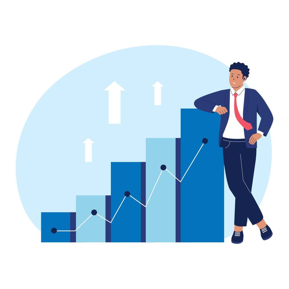Businessman Standing Next to Growth Chart and Increasing Graph Illustration vector
